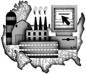 Farm, factory, and computer on map of United States