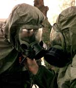 soldiers wearing gas masks